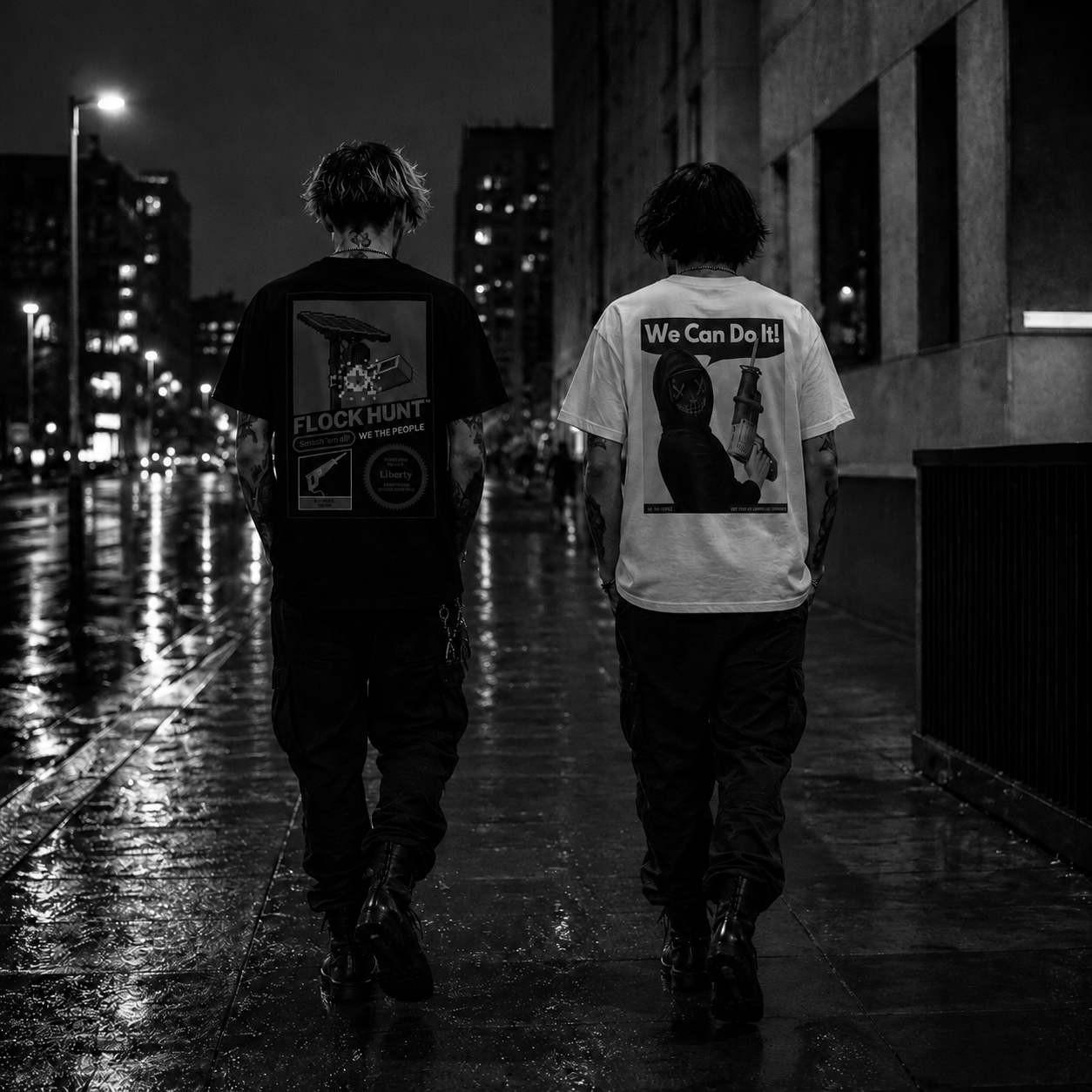 Two anonymous figures in black walking a wet city street at night