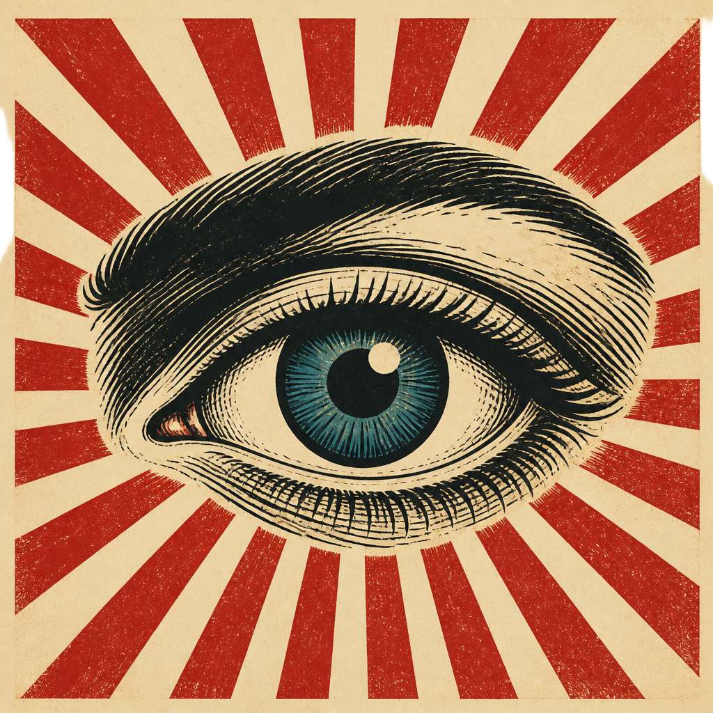 Woodcut propaganda illustration of a watching eye with radial rays